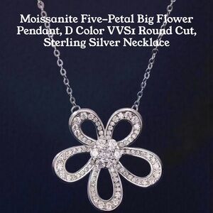 Moissanite, D Color, VVS1 Round Cut, 5-Petal Pendant Sterling Silver Necklace